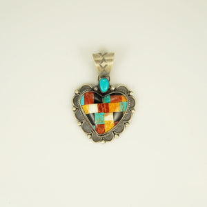 Sterling Silver, Dragonfly Turquoise and Spiny Oyster Mosaic Heart Pendant by Shawn Endito
