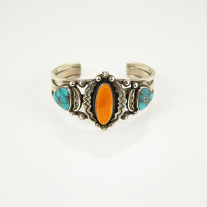 Sterling Silver Spiny Oyster and Turquoise 3-Stone Navajo Cuff