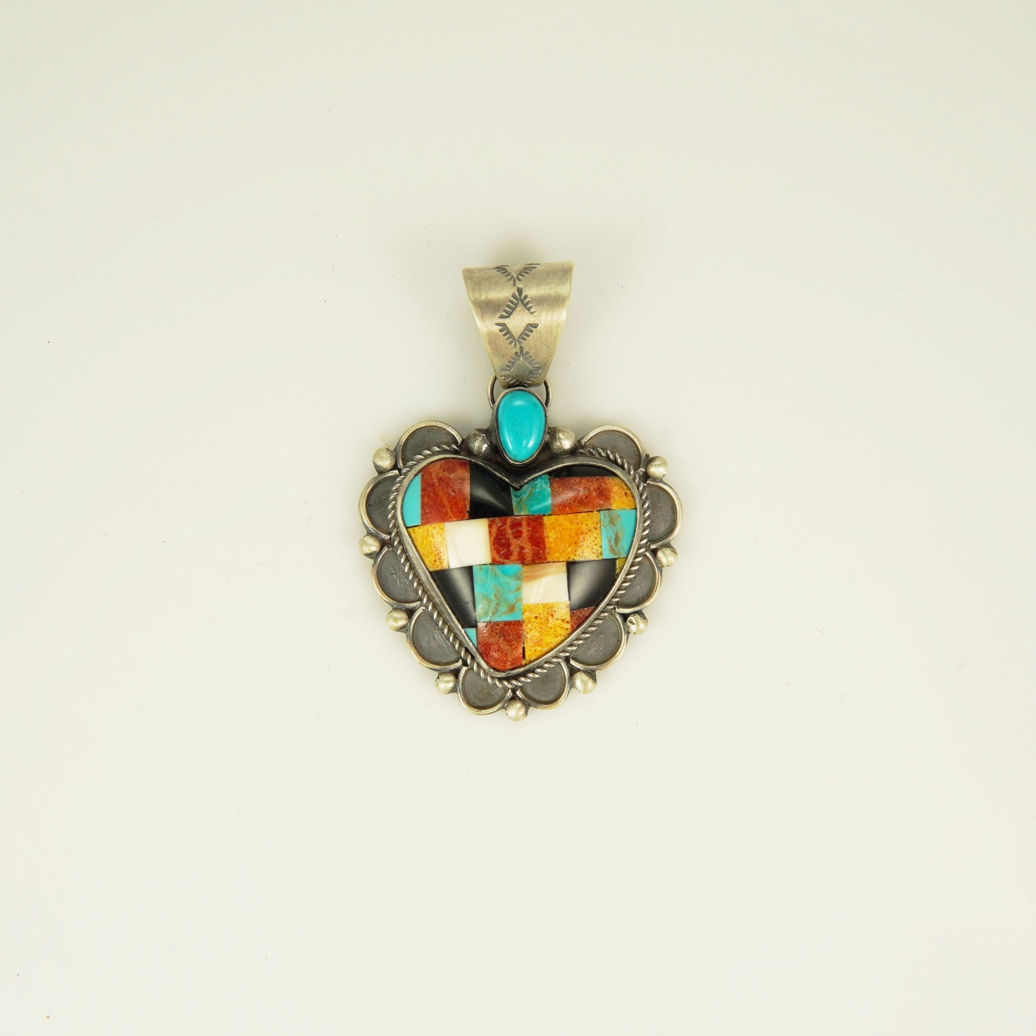 Sterling Silver, Dragonfly Turquoise and Spiny Oyster Mosaic Heart Pendant by Shawn Endito