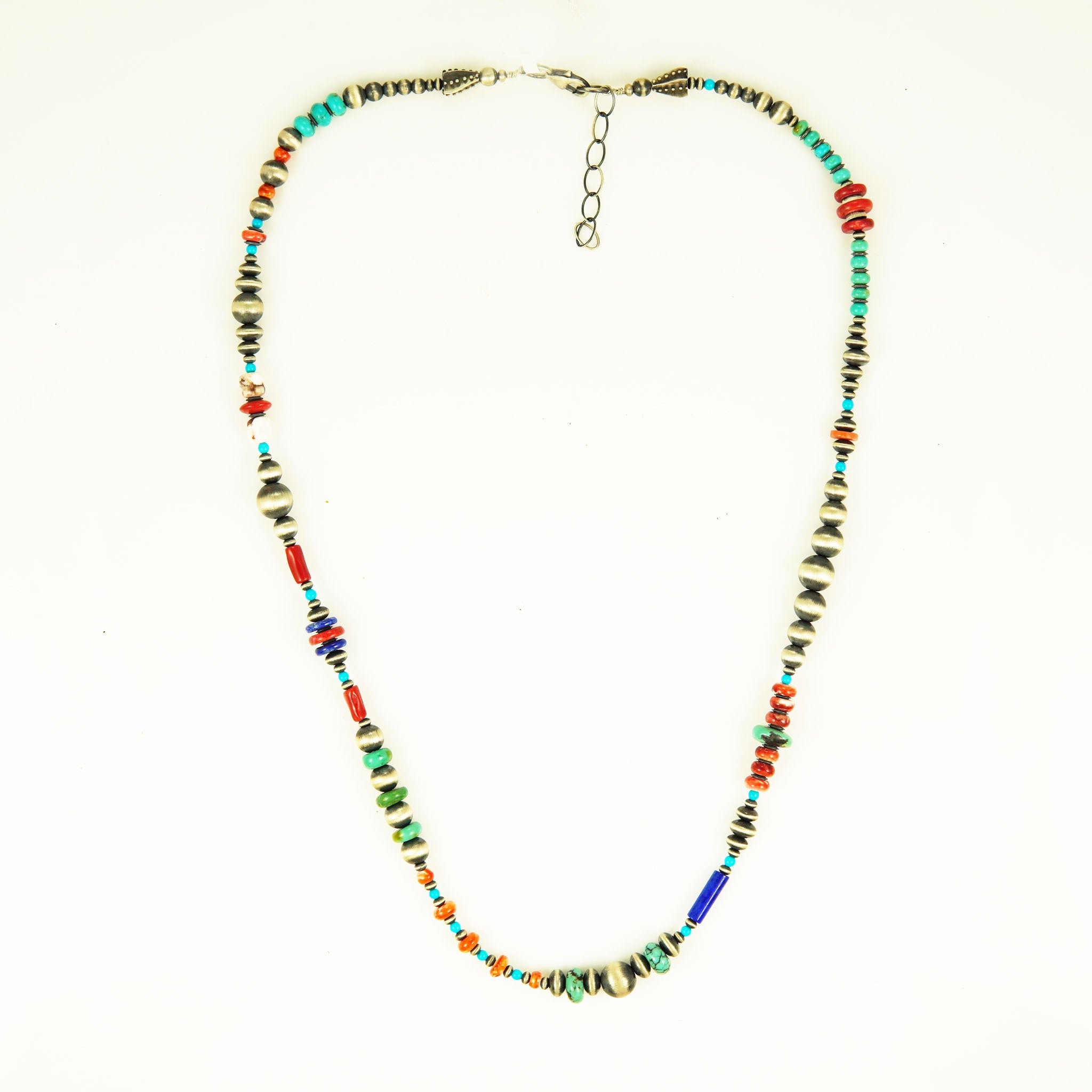 Kingman and Sleeping Beauty Turquoise, Coral, and Stony Oyster Navajo Bead 24-Inch Necklace